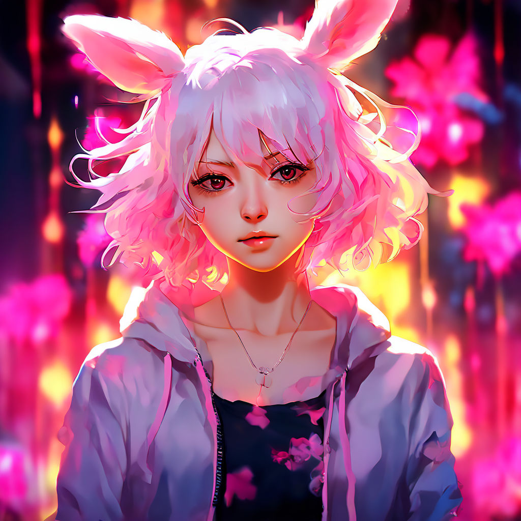 Pink bunny girl with cute fangs and big cute eyes