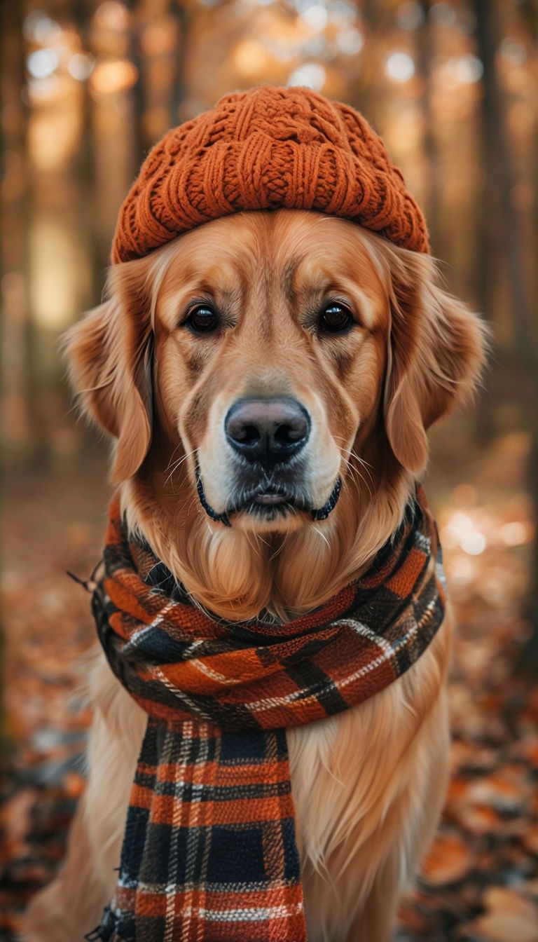 Happy Golden Retriever in Autumn Attire Portrait Art