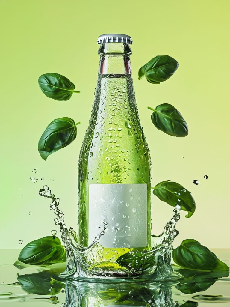 Refreshing Hatsu Soda Bottle with Basil Leaves Mockup