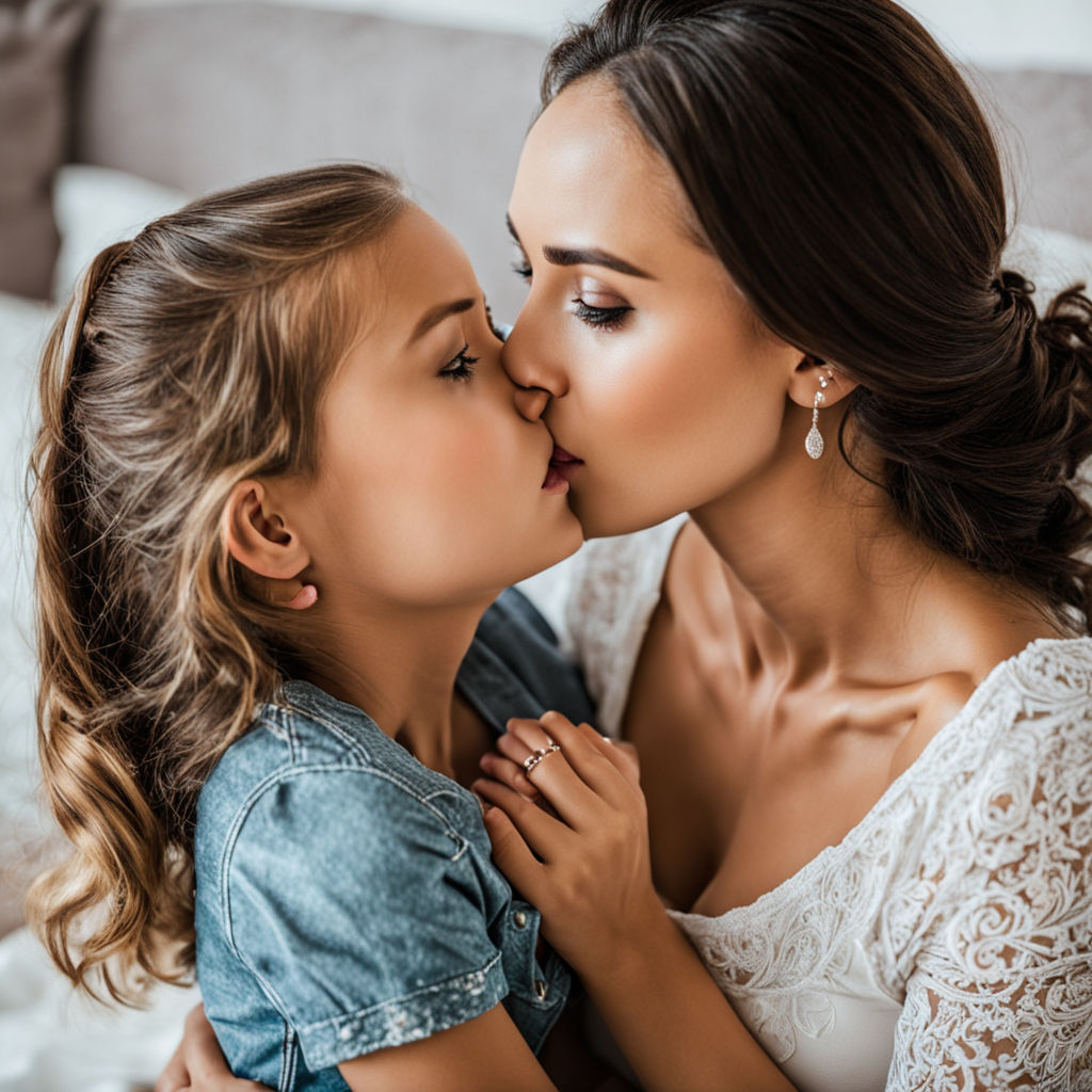 A mother and her daughter take out tongues them and kissing in bikini