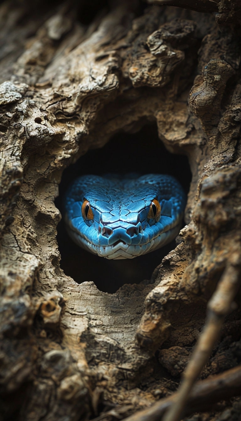 Vibrant Blue Snake Emerging from Textured Bark Close-Up Mobile Wallpaper