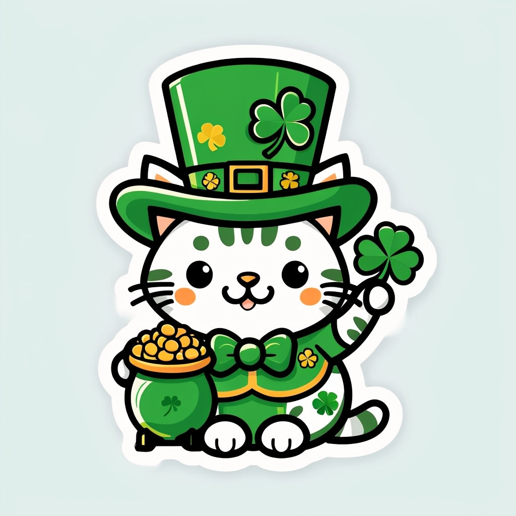 Playful Cartoon Irish Lucky Cat Sticker for St. Patrick's Day