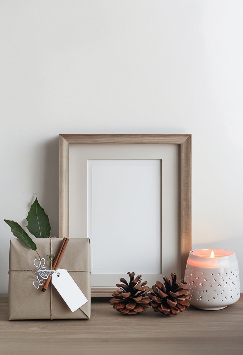 Serene Minimalist Still Life Art with Candle and Gift Box Poster