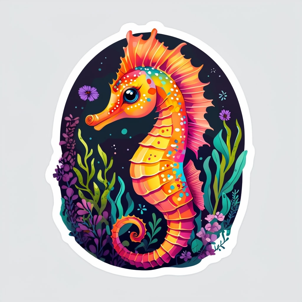 Vibrant Whimsical Seahorse Illustration Sticker Design