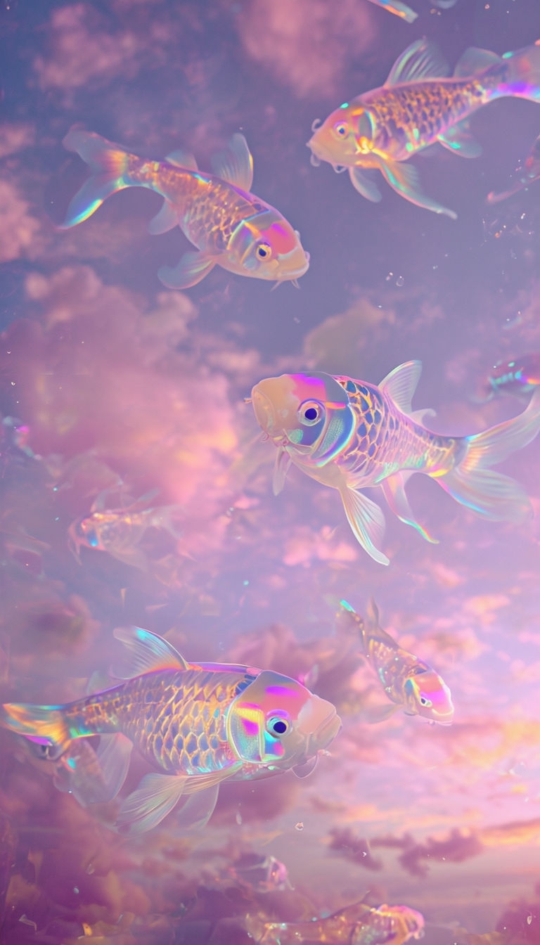 Ethereal Golden Koi Fish Dream Scene with Soft Pastel Sky Mobile Wallpaper