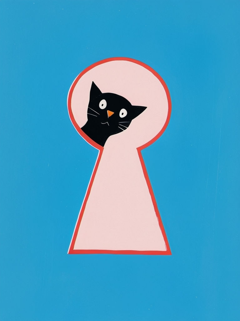 Minimalist Black Cat Face Peering Through Keyhole Illustration Art