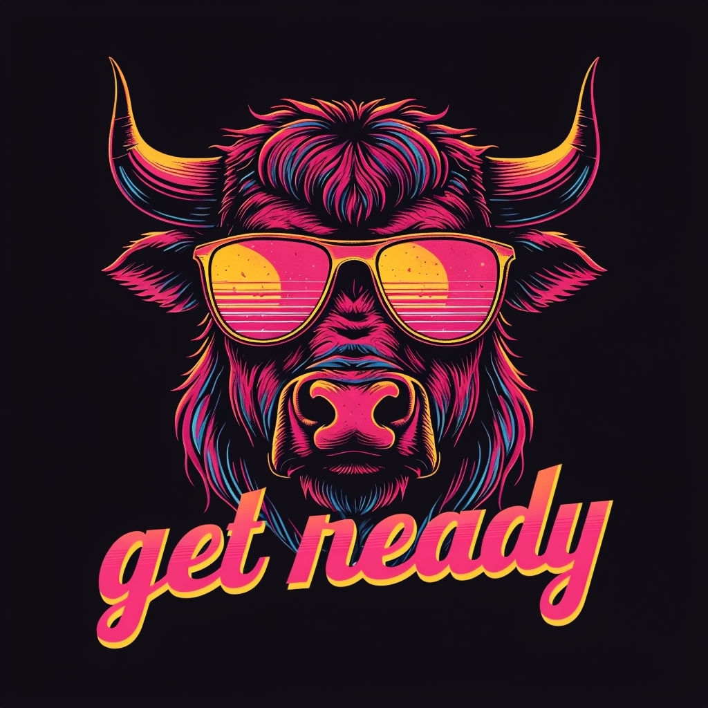 Retro Evil Bull with Sunglasses and Get Ready Text T-Shirt