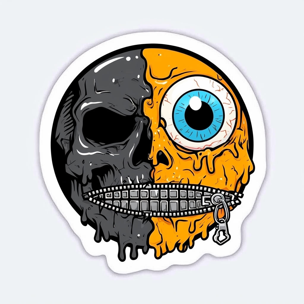 Surreal Cartoon Face Sticker with Skull and Zipper Design