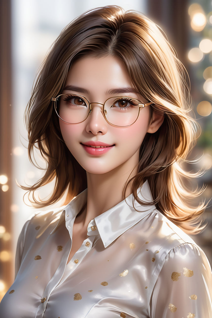 asian girl with round glasses and wolf cut and cute