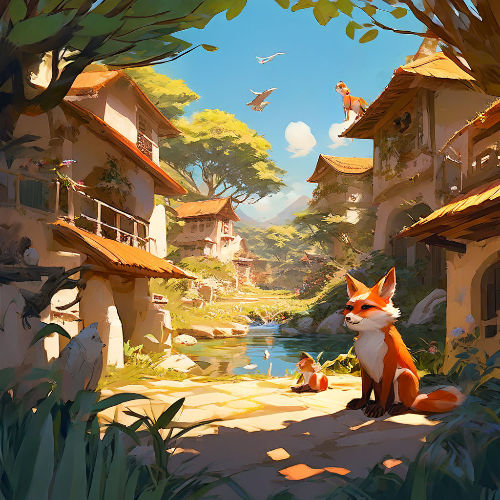 Serene village populated by joyful anthropomorphic animals by sangram ...