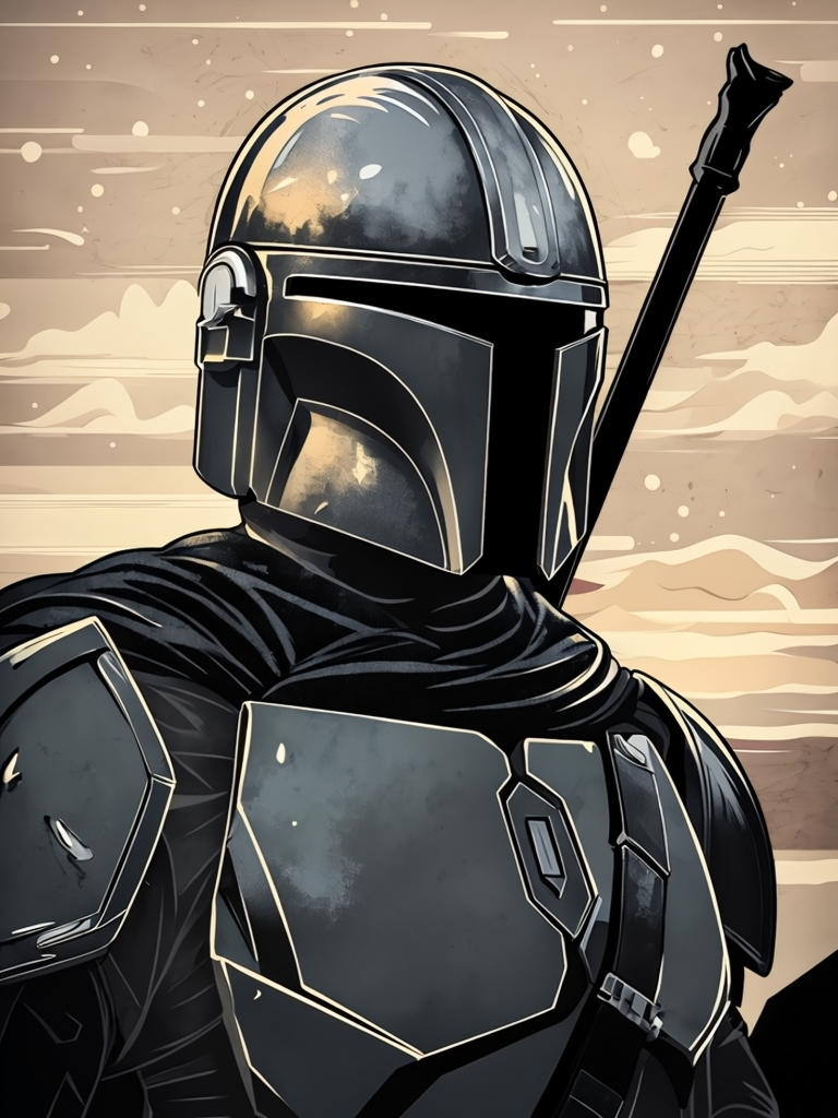 Vintage Comic Style Mandalorian Close-Up Illustration