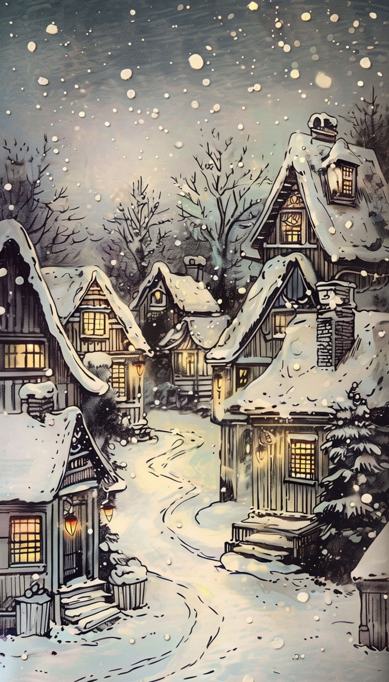 Quaint Vintage Winter Village Illustration for Holiday Art