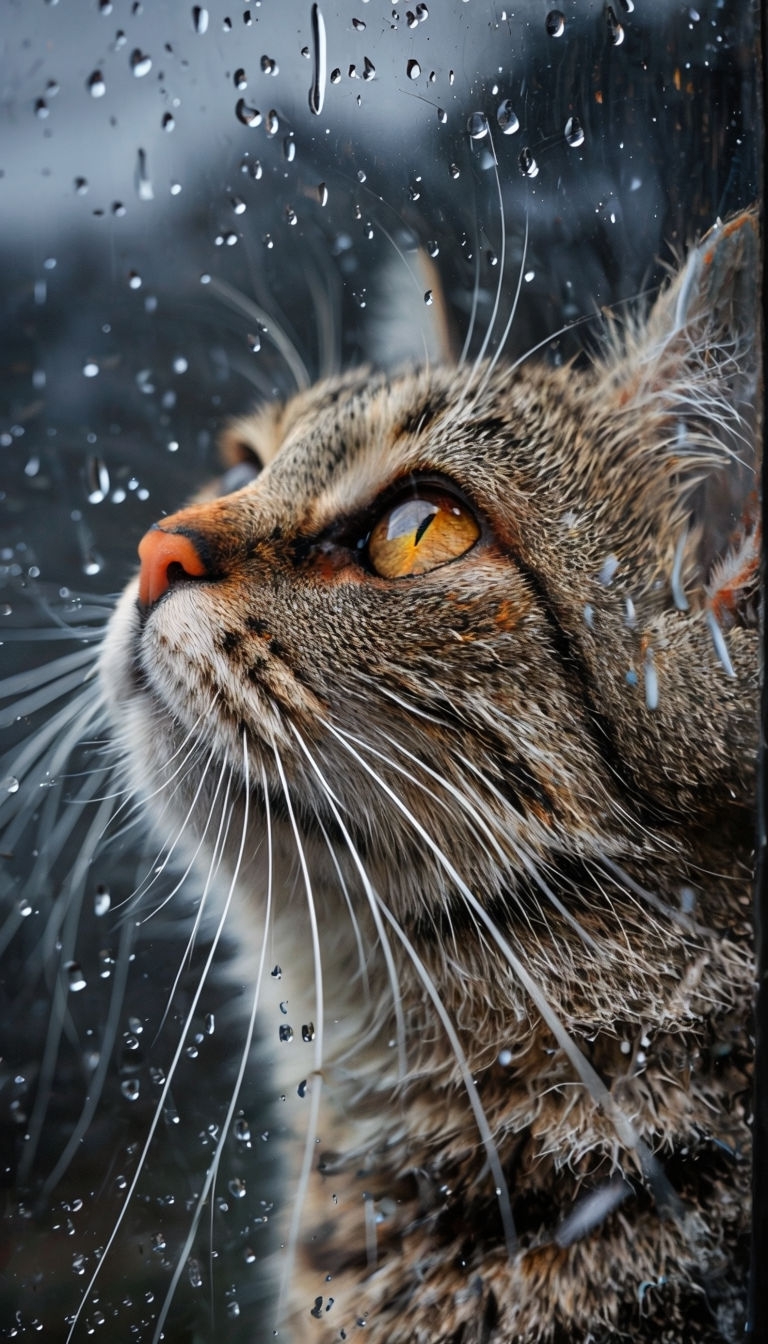 Contemplative Tabby Cat Close-Up with Rainy Window Mobile Wallpaper