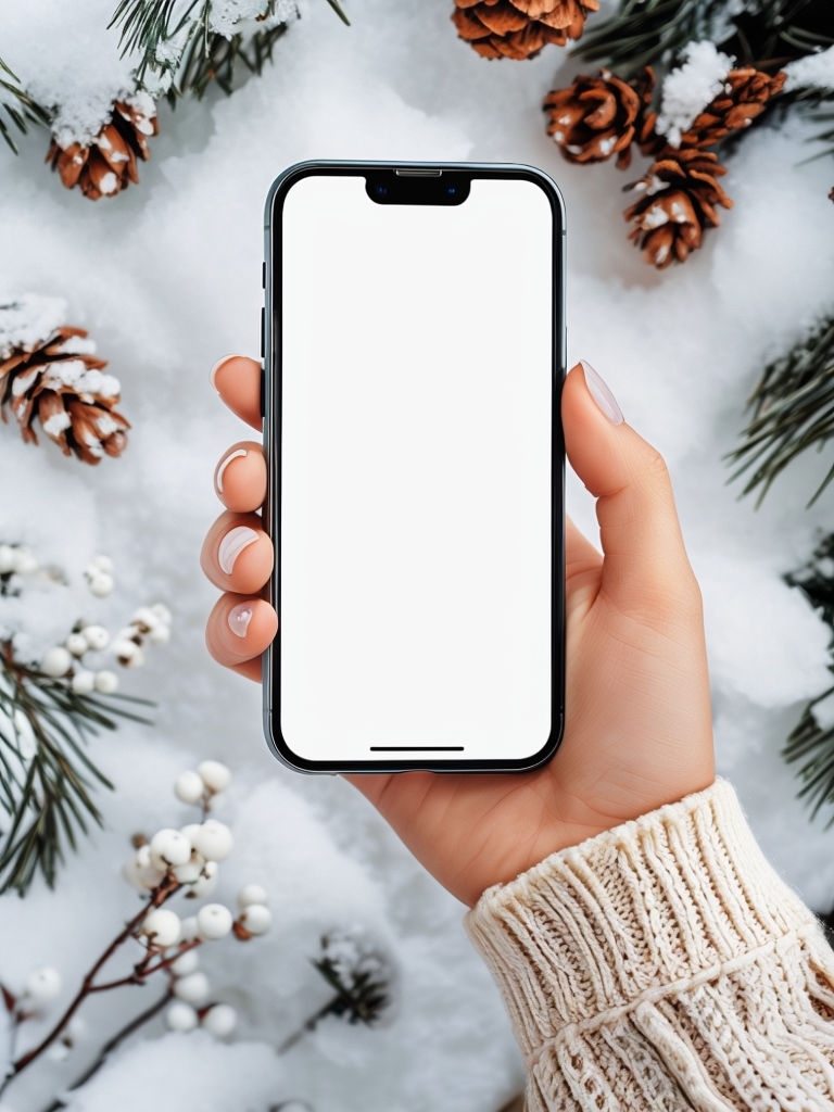 Cozy Hand Holding Smartphone in Snowy Winter Setting Photograph