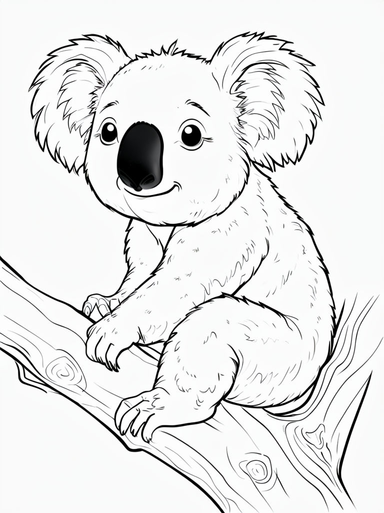 Cute Cartoon Koala Bear on Tree Branch Coloring Page