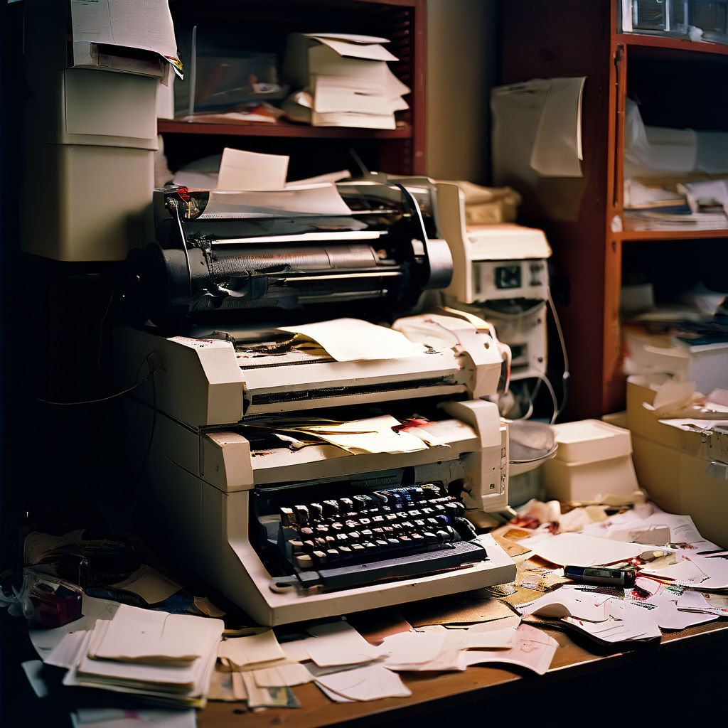Prompt: A vintage office printer in a rust-belt theatre, tearful ink cartridges exchanging their lifeblood to birth remnants of forgotten blueprints and grocery lists, inexorable mechanical despair as the hamster wheel rolls relentlessly, encapsulating haunting shadows, cacophony of clinks and scrapes attempting to articulate their defiance, paper jams, scanned laser lights, monochrome documents spewing out, detail rich enchanting scenario