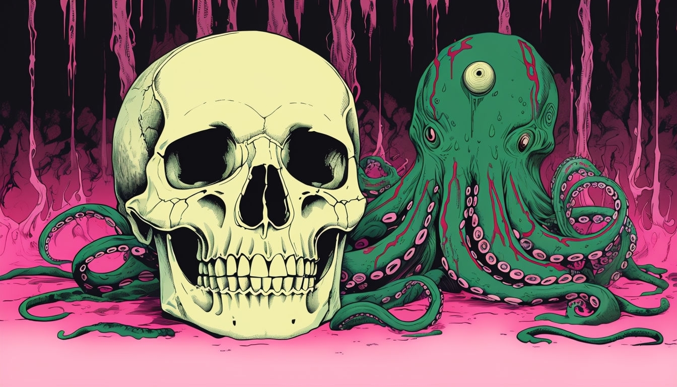 Surreal Skull and Tentacled Creature Psychedelic Artwork Virtual Backgrounds