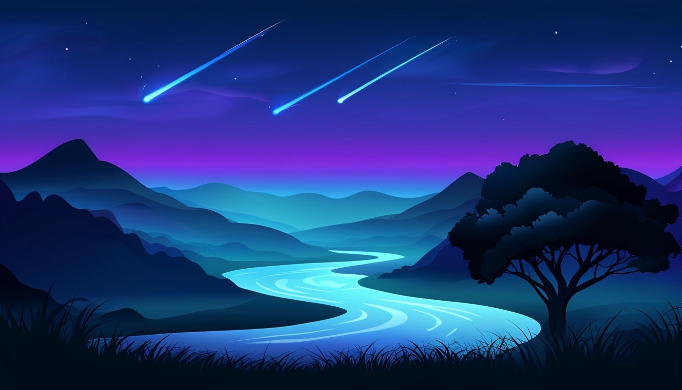 Serene Nighttime Landscape with River and Shooting Stars Background