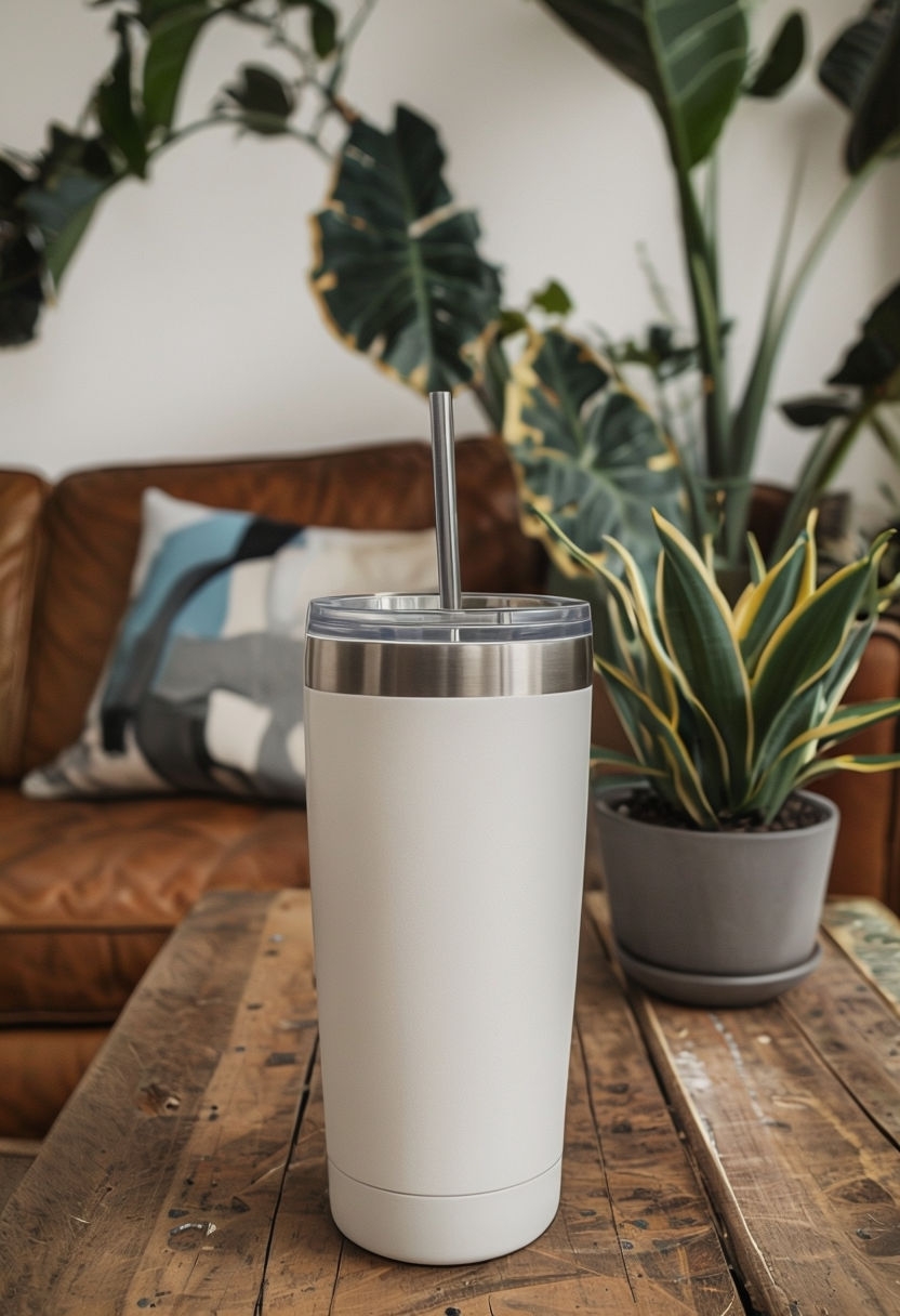 Close-Up Cozy Tumbler Photo with Rustic Decor Mockup