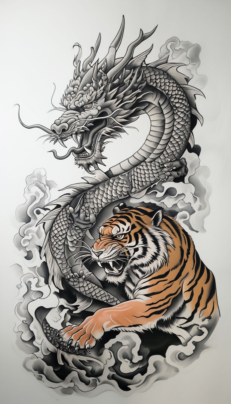 Intense Tiger and Dragon Battle Tattoo Illustration Art