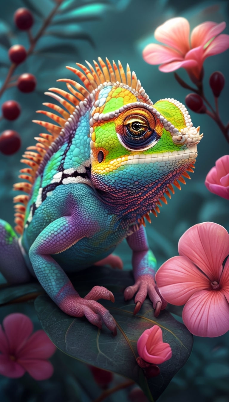 Vibrant Chameleon Lizard on Leaf with Flowers Art