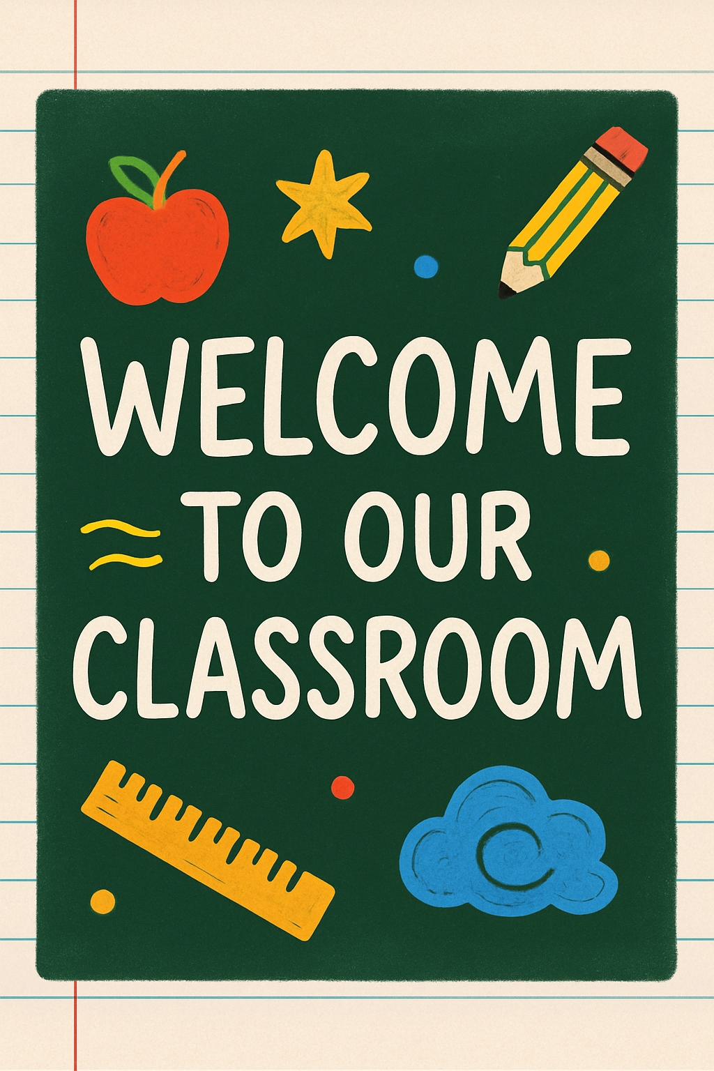 Chalkboard Welcome to Our Classroom Sign with Playful Illustrations Event Sign