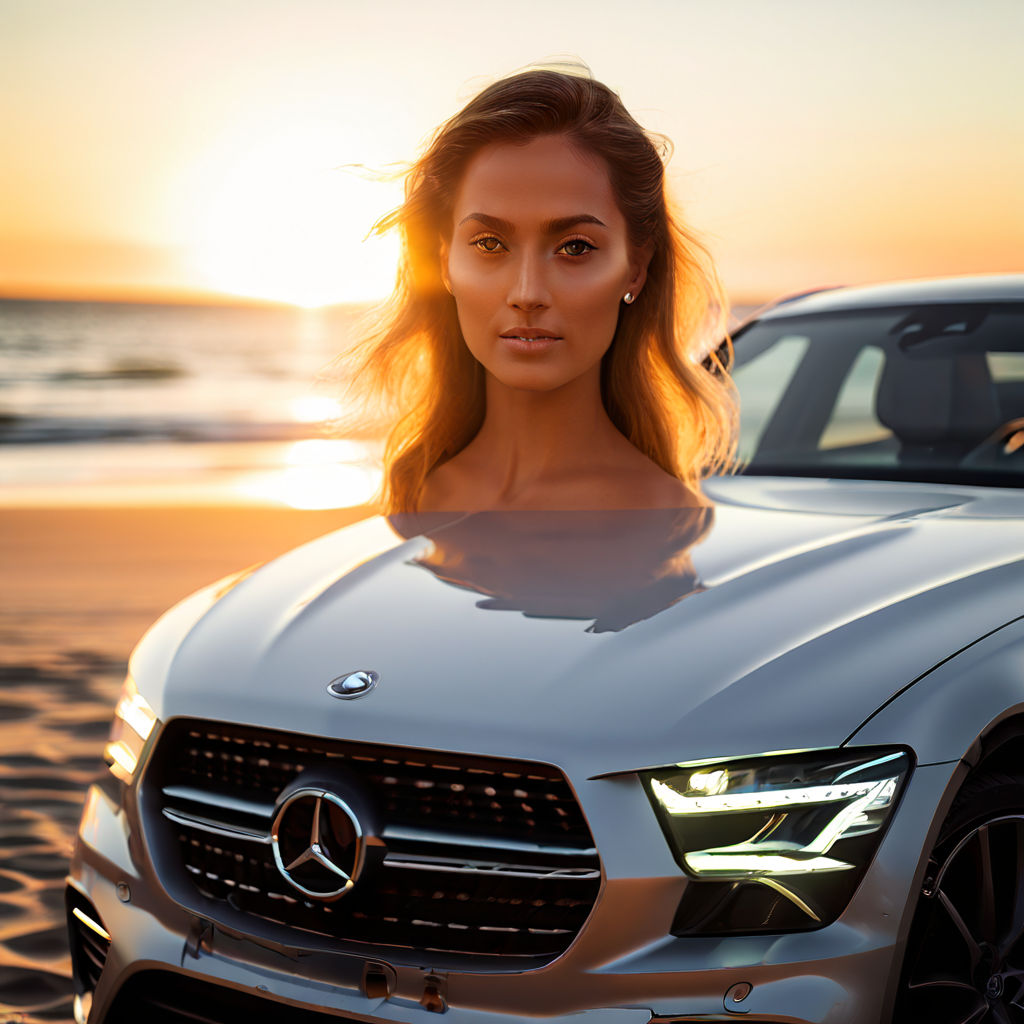 Naked woman sit on the car hood