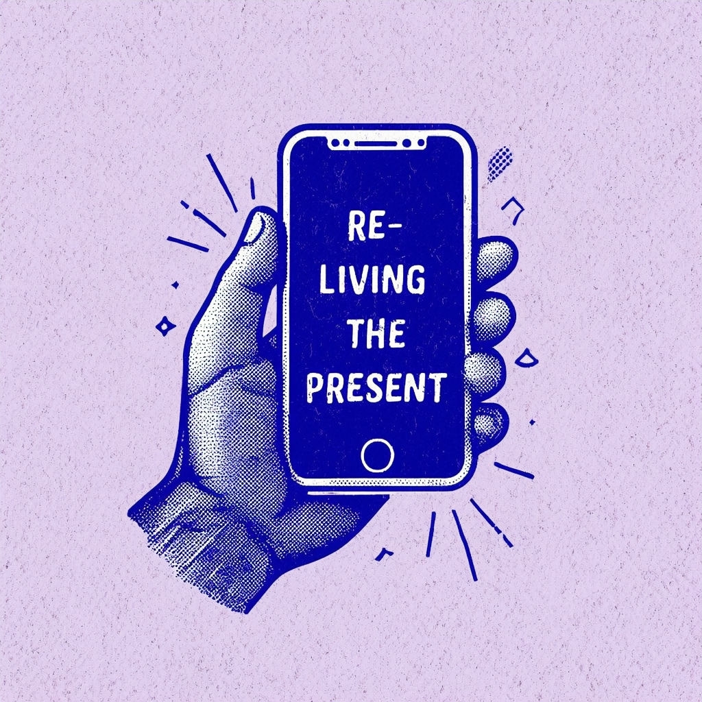Hand Holding Smartphone with "Re-Living the Present" Poster