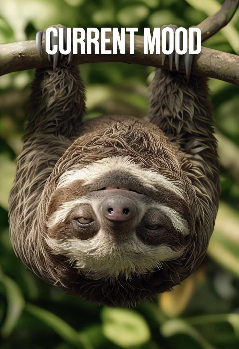Sleepy Sloth Hanging with 'Current Mood' Text Meme