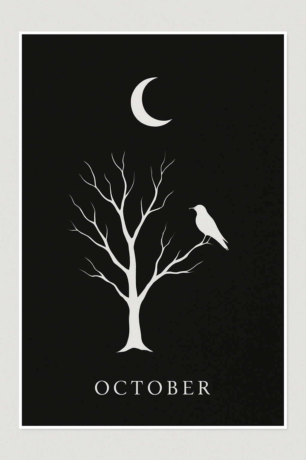 Elegant Black and White Tree with Moon and Bird Illustration Poster