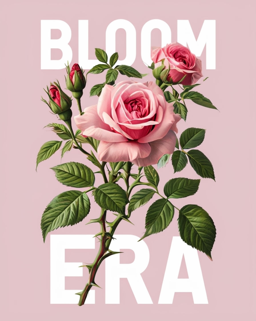 Botanical Pink Roses and Leaves with Bloom Era Typography T-Shirt