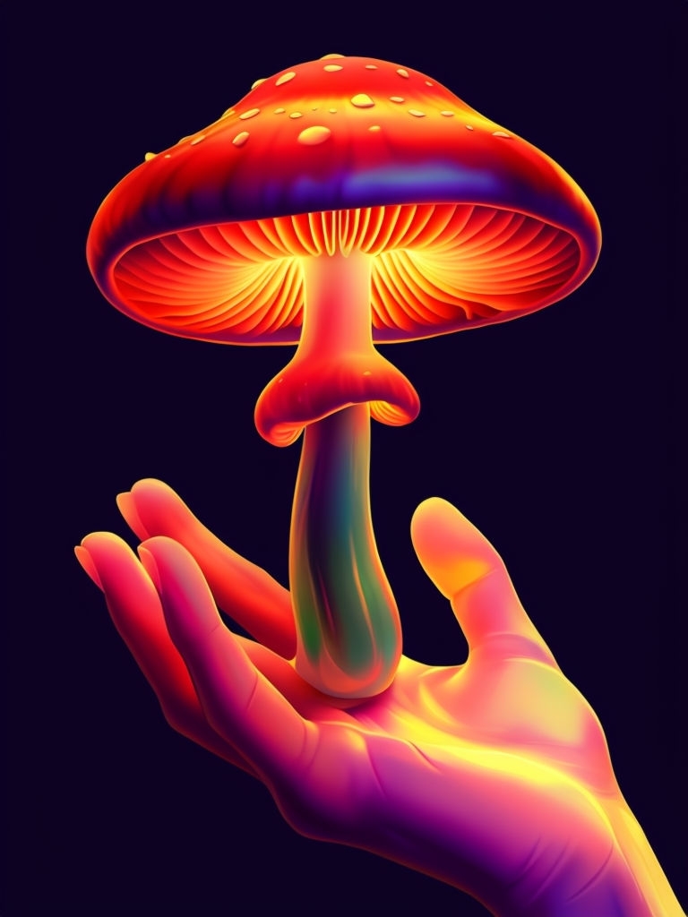 Vibrant Surreal Mushroom in Hand Digital Illustration Art