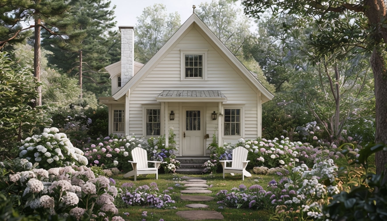 Charming White Cottage Surrounded By Lush Greenery Virtual Background