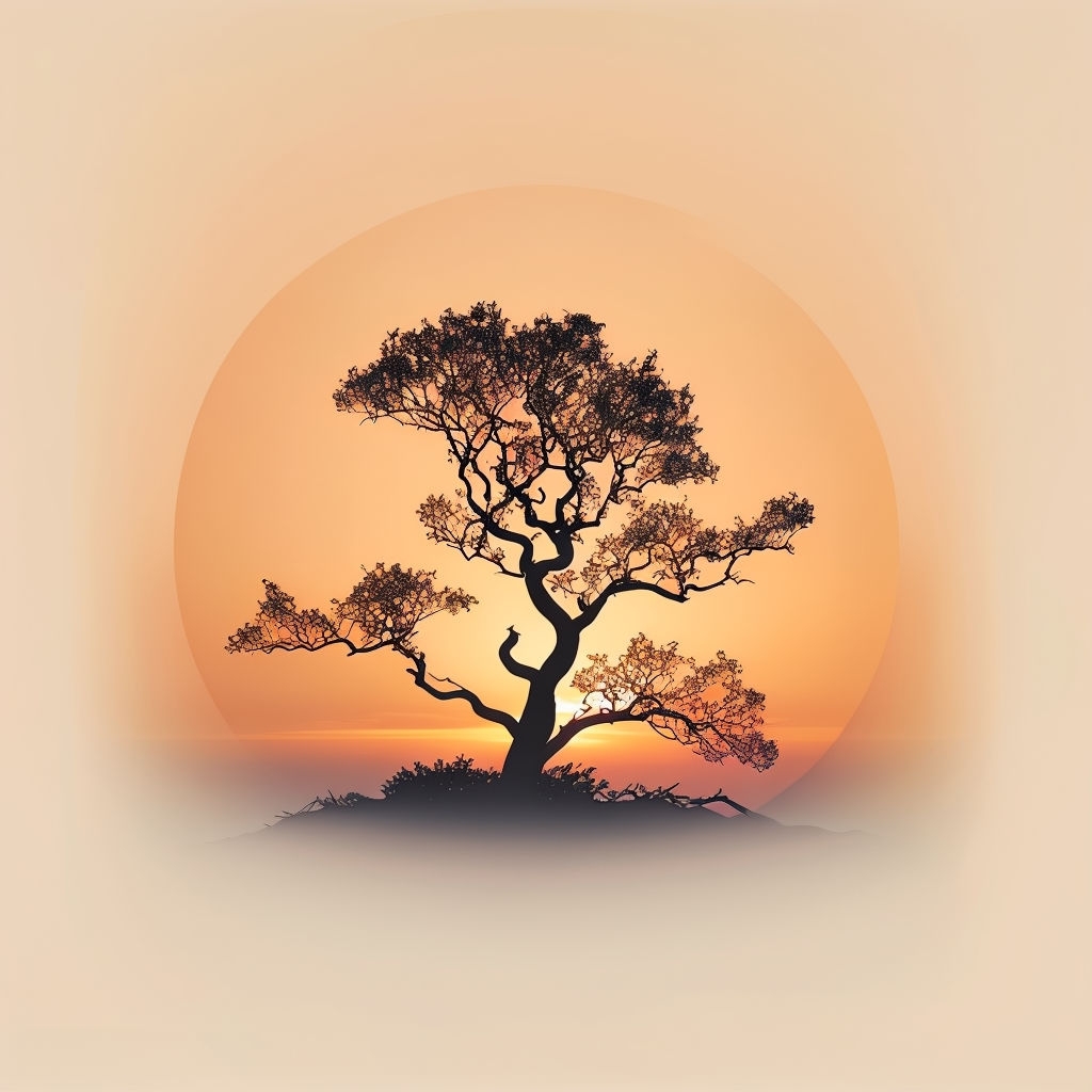 Minimalist Black Tree Silhouette Against Warm Sunset Background Art