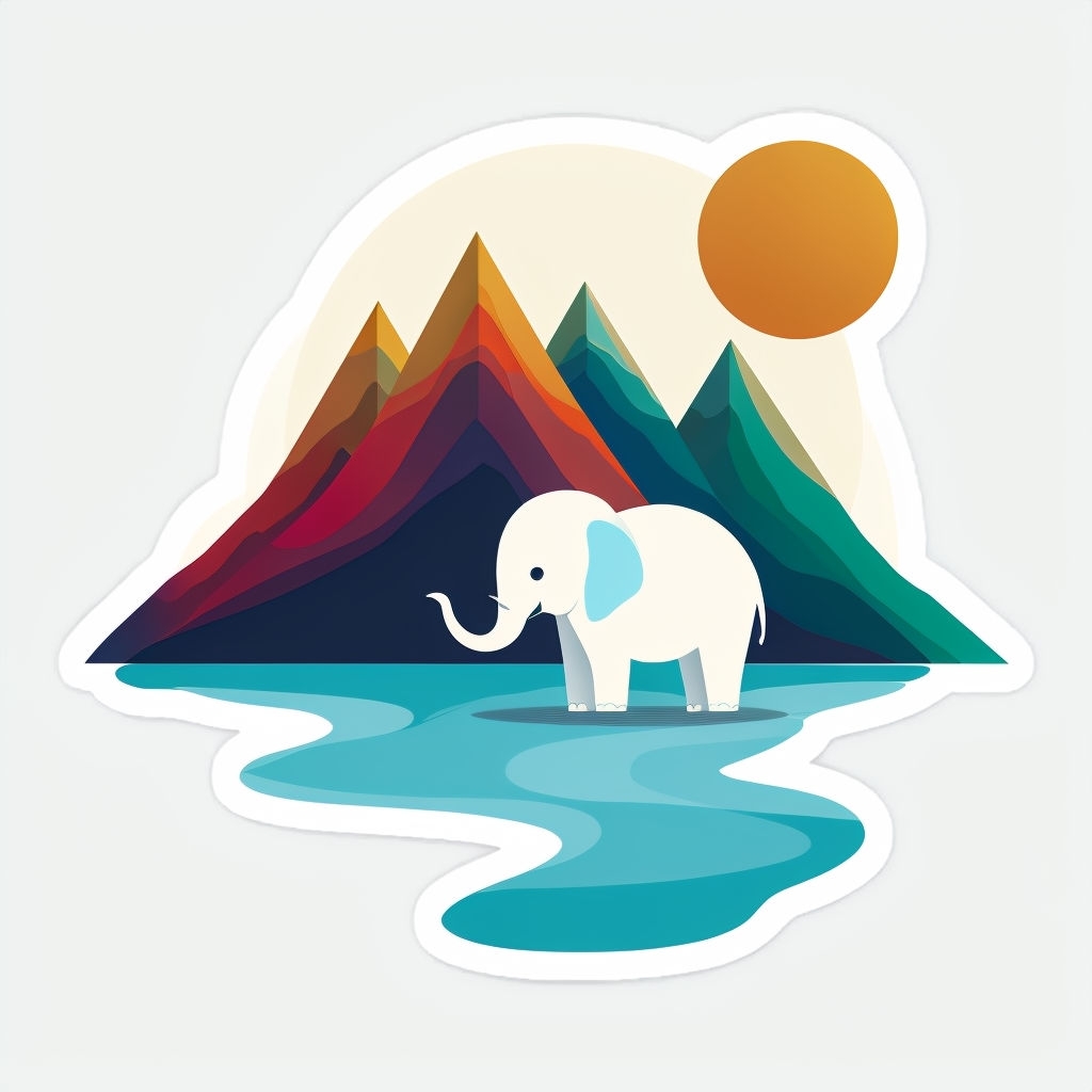 Minimalist White Elephant and Colorful Mountain Sticker