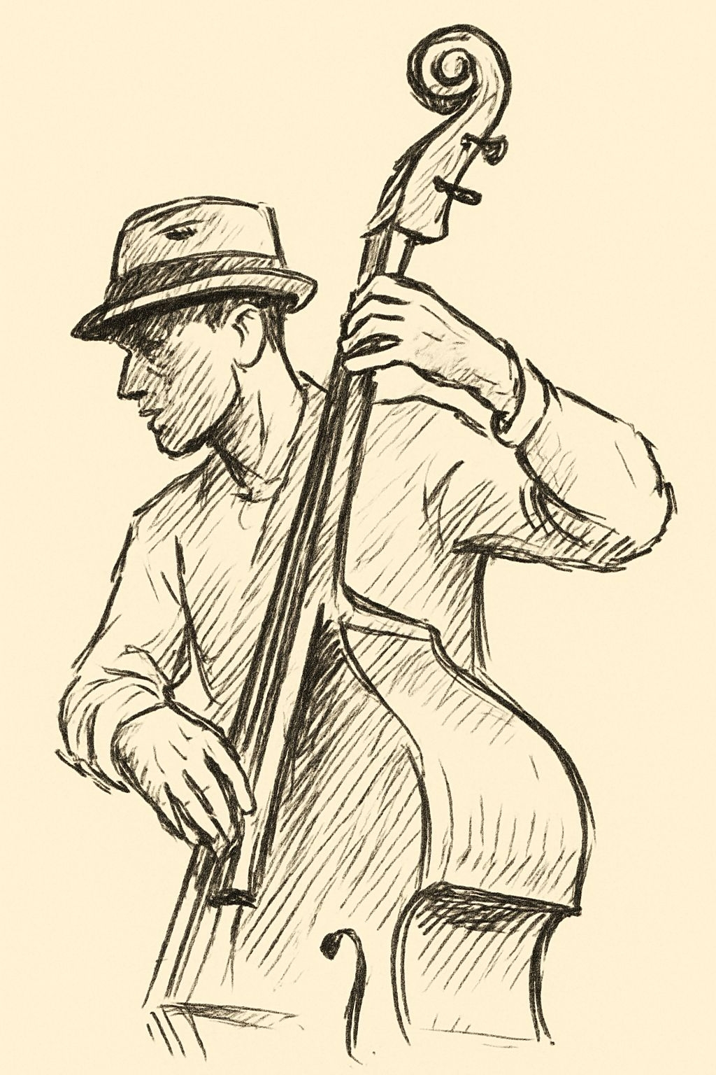 Vintage Bass Player Sketch Art T-Shirt
