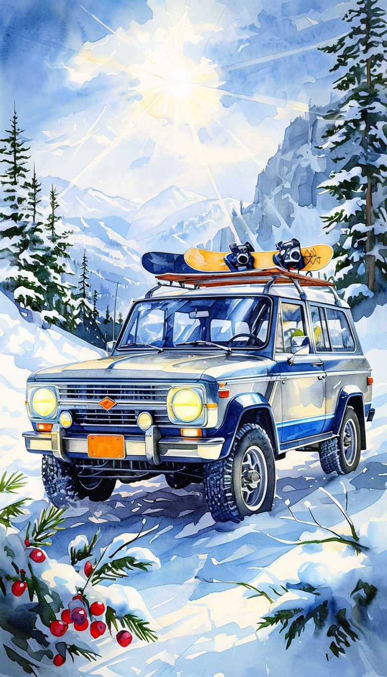 Vintage SUV in Snowy Mountain Landscape Watercolor Mobile Wallpaper