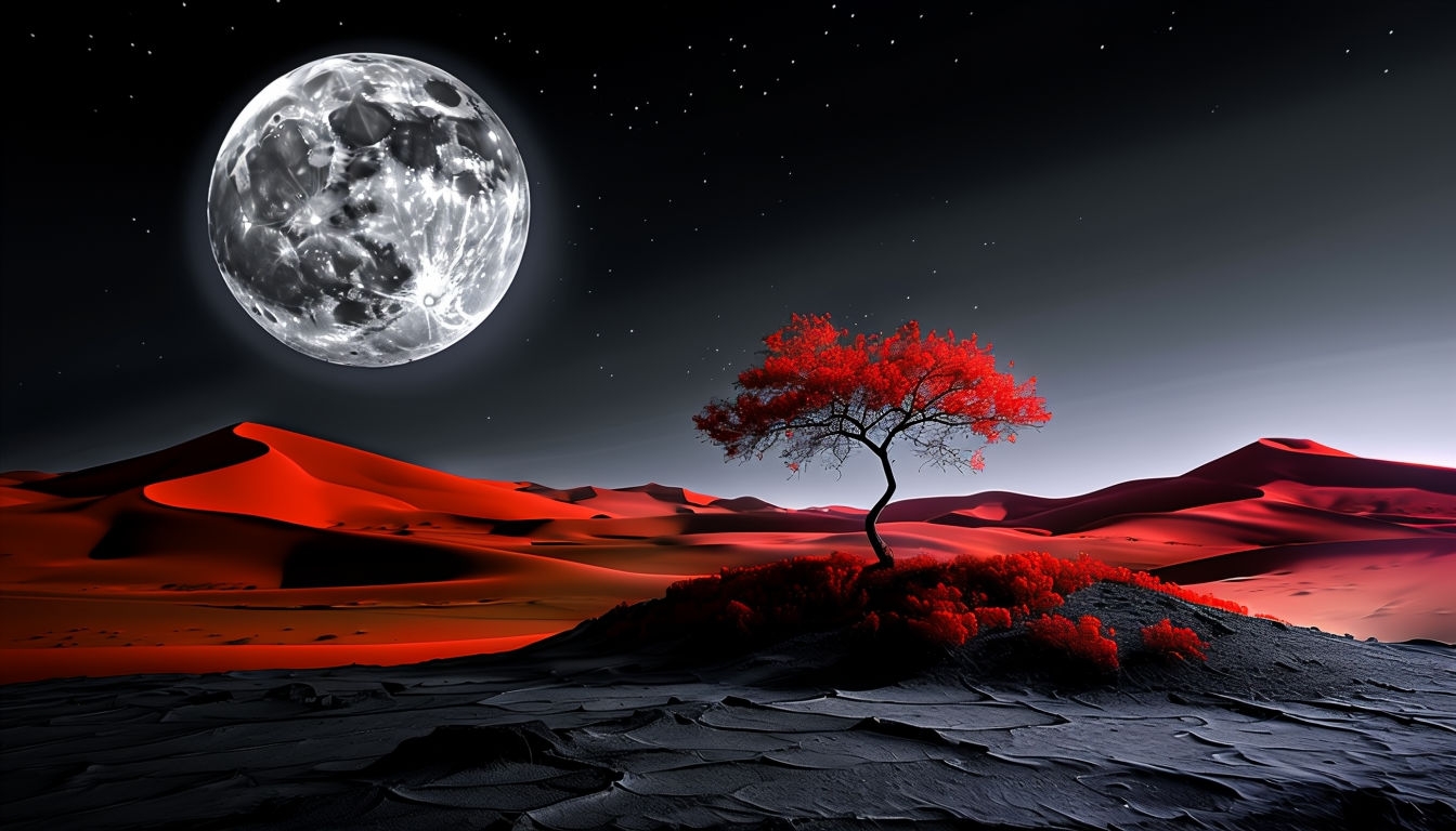 Surreal Red and Black Landscape with Moon and Stars Background