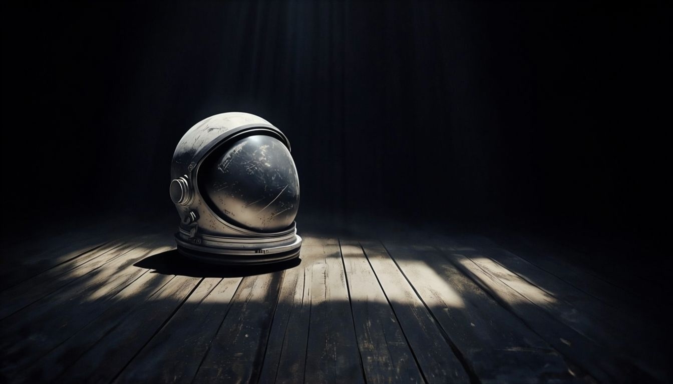 Astronaut Helmet on Rustic Wooden Floor Photorealistic Background