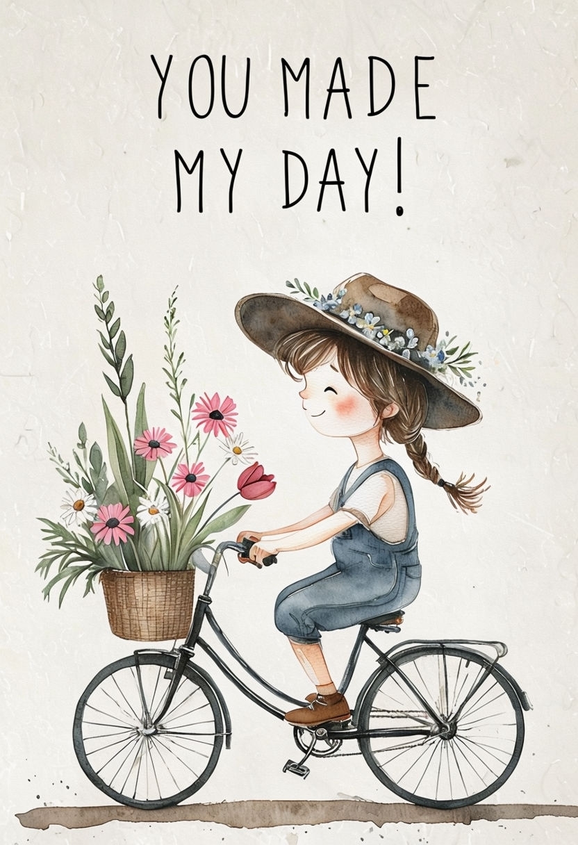 Whimsical Watercolor Girl on Vintage Bicycle Art Print Card & Invite