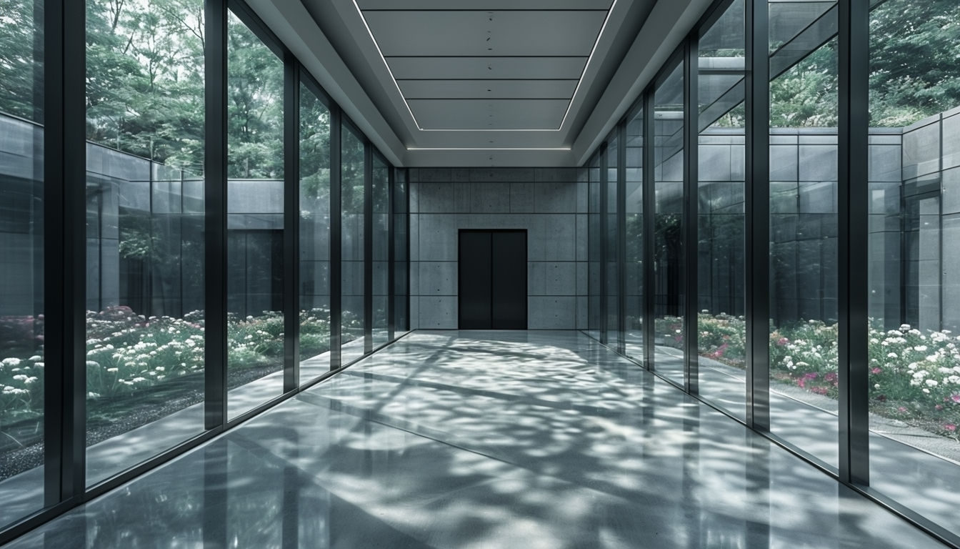 Modern Minimalist Hallway with Glass Panels and Garden View Background