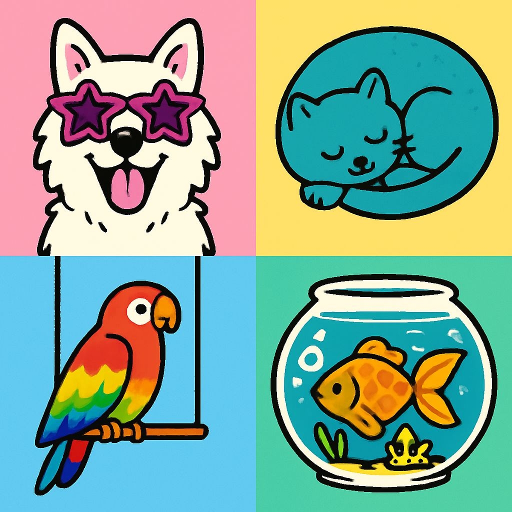 Whimsical Animal Characters in Colorful Quadrant Illustration Seamless Pattern