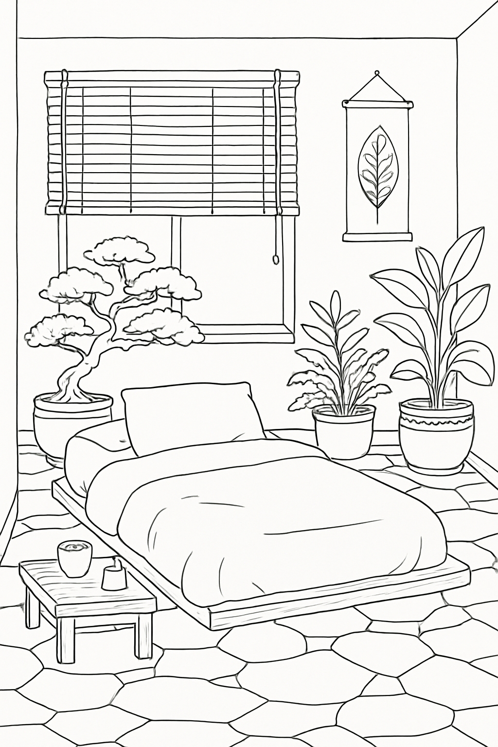 Minimalist Serene Room Line Drawing for Coloring Book Pages