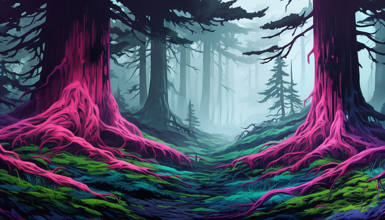 Mystical Ethereal Forest Scene with Colorful Tree Roots Background