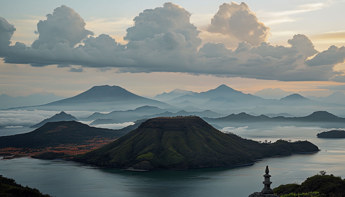 Tranquil Volcanic Island Landscape with Serene Sky Virtual Background