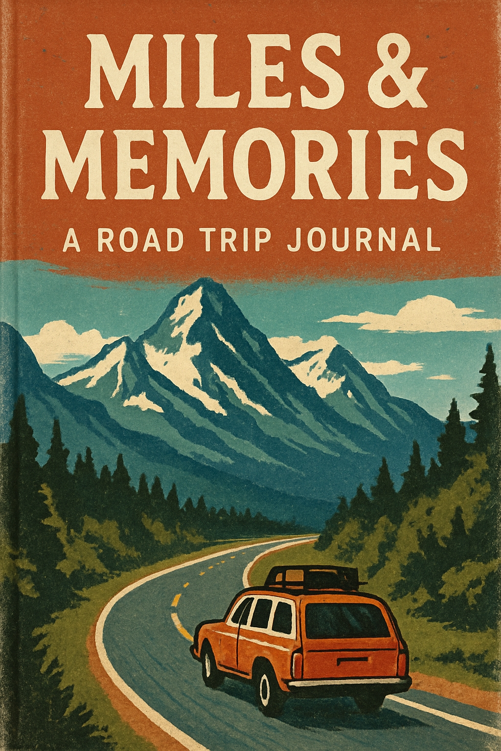 Vintage Road Trip Journal Cover with SUV and Scenic Mountains EBook Cover