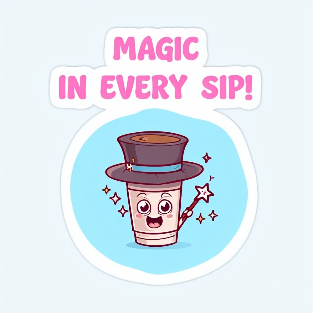 Playful Cartoon Coffee Cup with Magic Wand Sticker