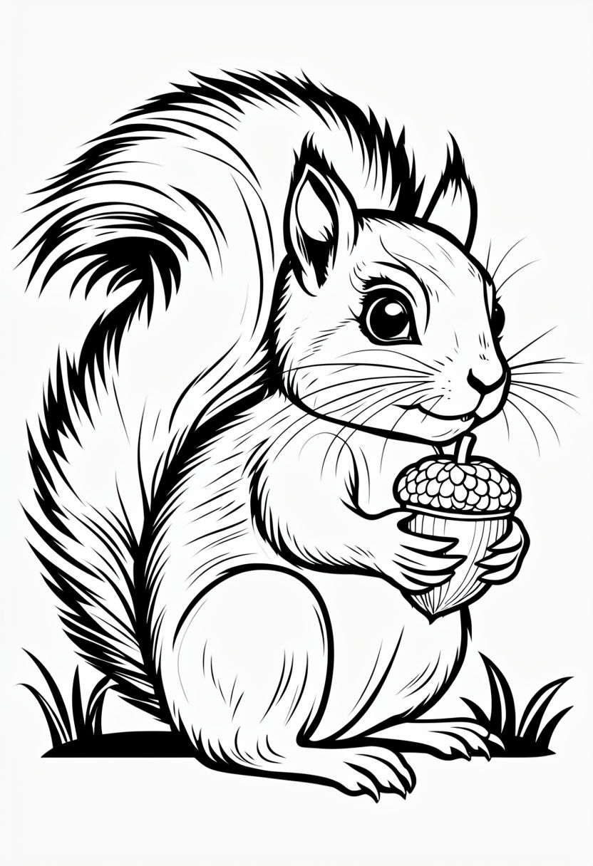 Friendly Squirrel Holding Acorn Simple Line Drawing Coloring Book Page