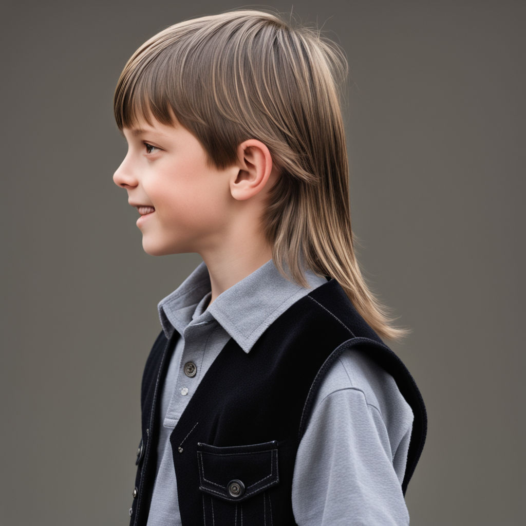 Boys Very long Mullet hairstyle. Nine year old skinny white Caucasian boy.  Full body