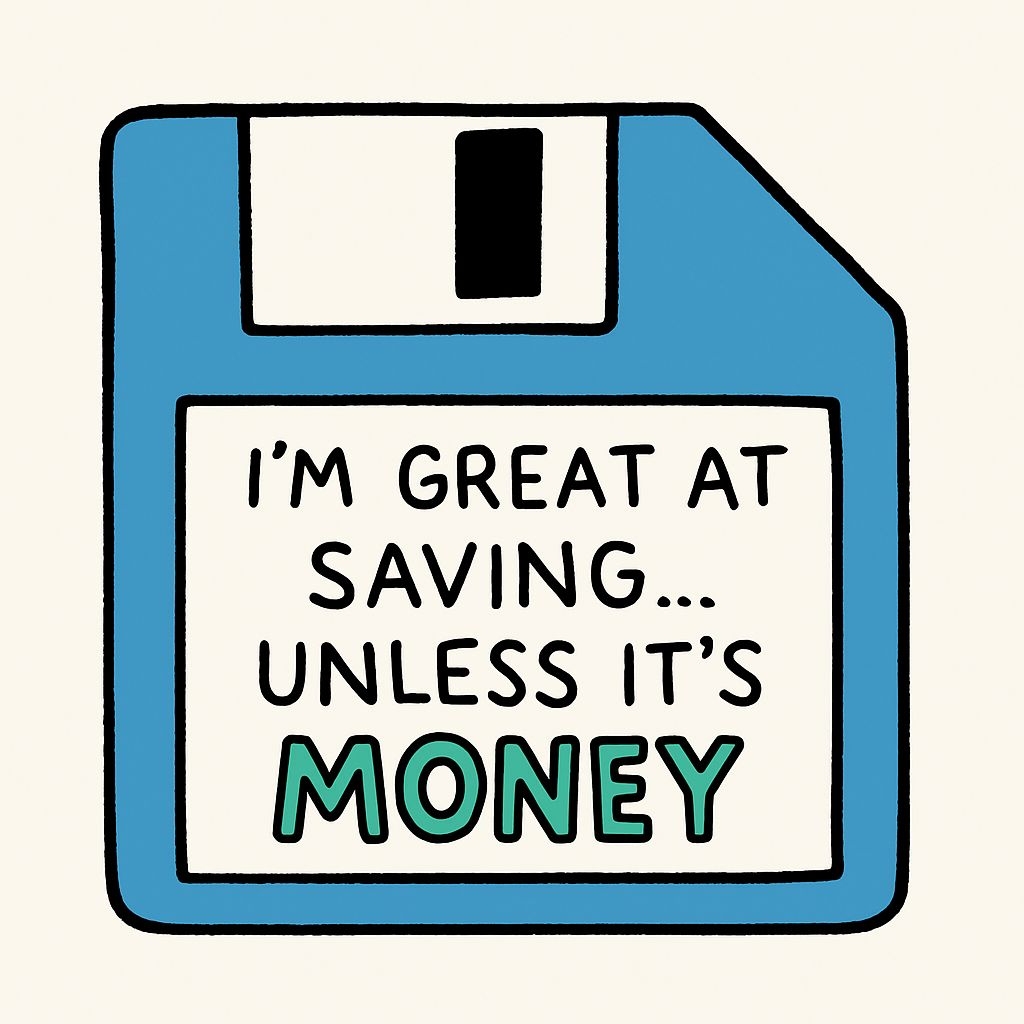 Humorous Blue Floppy Disk Illustration with Fun Saving Message Sticker